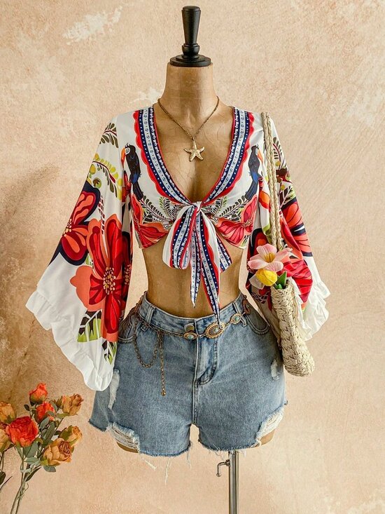 Tops - Multicolor Boho Women's Leopard Print Tie-Front Flare Sleeve Ruffle Cuff Blouse
